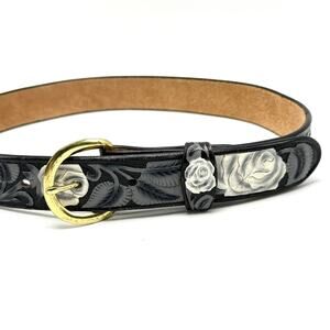 Vintage Western Belt 28 Tooled Leather Hand Painted Roses Black White Cowboy